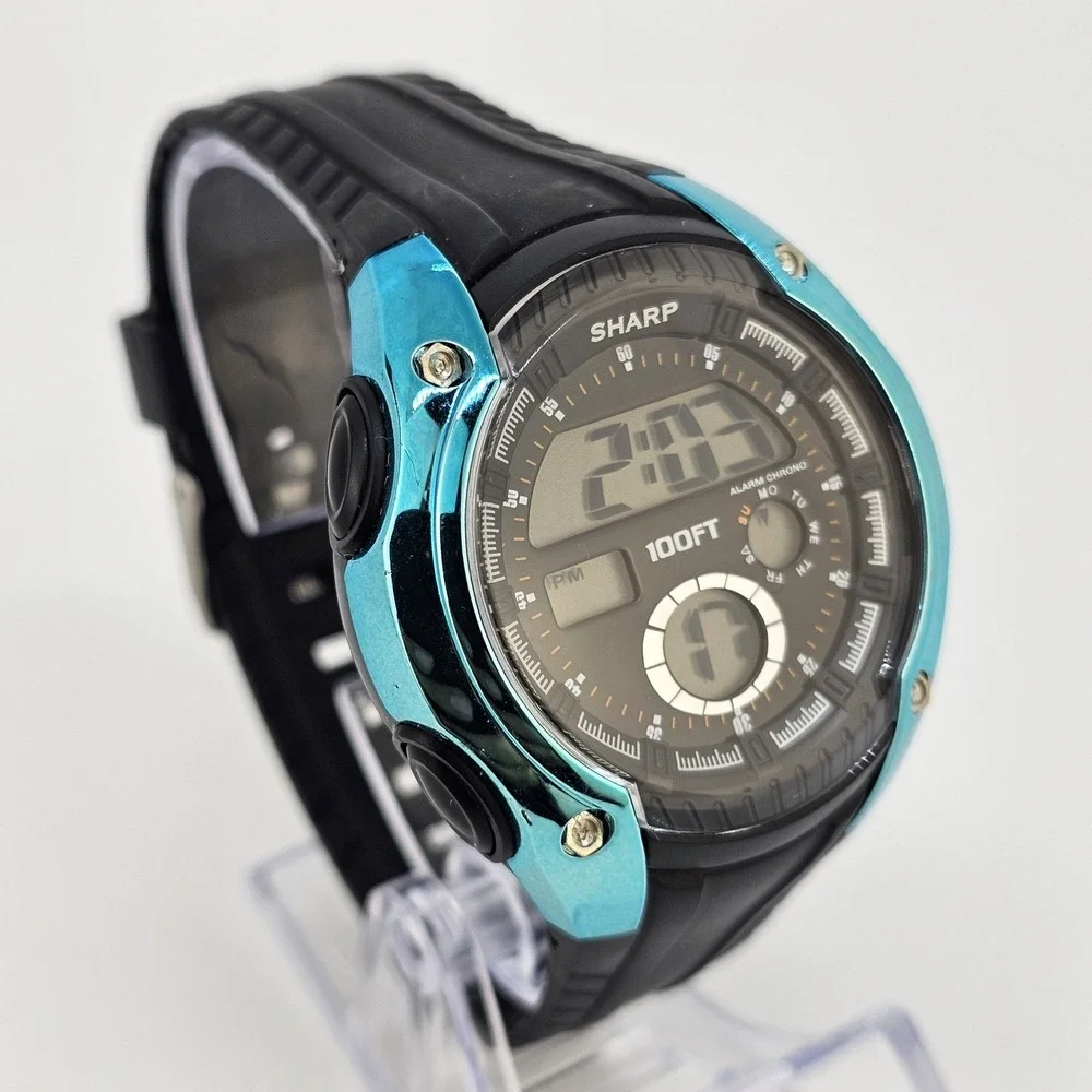 Sharp Men's Digital Watch 45MM Black Plastic Bands‎ New Battery LIGHT VERY WEAK